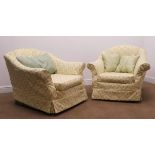Pair early 20th century armchairs, upholstered in a green fabric,