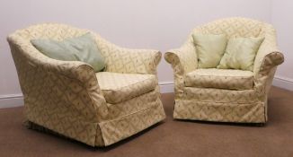 Pair early 20th century armchairs, upholstered in a green fabric,