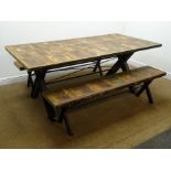 Rectangular rustic planked effect dining table, 'X' metal supports (200cm x 100cm,