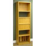 Oak finish bookcase/workstation, four open shelves, fall front enclosing fitted interior, W60cm,