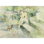 Young Woman with Cats in a Garden,