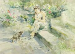 Young Woman with Cats in a Garden,