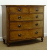 19th century mahogany bow front chest, two short and three long drawers, turned supports, W122cm,