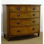 19th century mahogany bow front chest, two short and three long drawers, turned supports, W122cm,