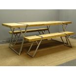 Industrial style rectangular pine dining table on angular polished metal supports (202cm x 90cm,