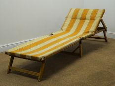 Vintage beech framed folding sun lounger, W61cm, H31cm,