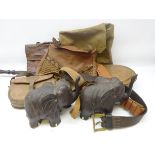 Two shooting bags, cartridge belt, crocodile skin satchel, copper warming pan,