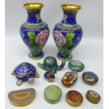 Pair 20th century Chinese Cloisonne vases H18cm, two Cloisonne boxes,