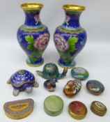 Pair 20th century Chinese Cloisonne vases H18cm, two Cloisonne boxes,