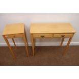 Beech two drawer side table, on tapering supports (W81cm, H74cm,