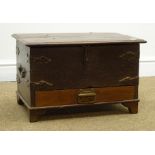 17th century style hardwood mule chest, hinged lid, single drawer, shaped metal work,