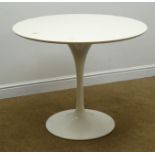 Tulip type circular white finish dining table on tapering support with circular base, D90cm,