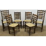 Set six (4+2) Early 20th century ladder back chairs with rush seats, turned supports and stretchers,