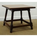 Edwardian walnut coffee table, square moulded top, turned angled supports joined by stretchers,