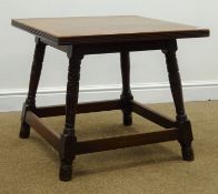 Edwardian walnut coffee table, square moulded top, turned angled supports joined by stretchers,