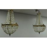 Pair gilt metal bag chandeliers with faceted glass drops,