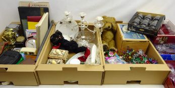 Mid century teddy bear, musical cat, two Scarborough shell caskets, vintage Christmas decorations,