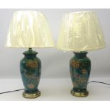 Pair Oriental style table lamps decorated with birds amongst foliage on turquoise ground on brushed