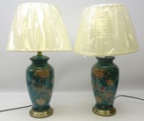 Pair Oriental style table lamps decorated with birds amongst foliage on turquoise ground on brushed