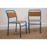 Pair of Vintage Child's school chairs, blue metal frames with laminate seats and backs,