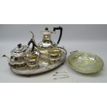 Silver plated four piece tea set of half reeded form, pair silver tongs, , small serving trident,