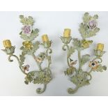 Pair of French patinated metal two branch electric wall sconces,