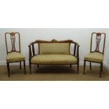 Five piece Edwardian inlaid walnut salon suite comprising a two seat sofa,