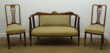 Five piece Edwardian inlaid walnut salon suite comprising a two seat sofa,