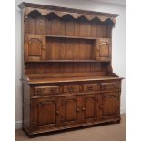 17th century style medium oak dresser, projecting cornice, dentil frieze,