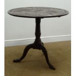 19th century mahogany tilt top tripod table, circular carved top with wells, single turned column,