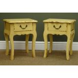 Pair small french style distressed painted wood stands with drawer, W35cm, H45cm,