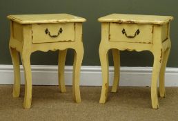 Pair small french style distressed painted wood stands with drawer, W35cm, H45cm,
