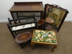 Early 20th century mahogany framed fire screen with embroided scene depicting husband and wife