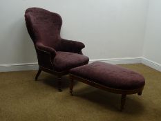 Victorian mahogany framed salon style armchair upholstered in a purple fabric,