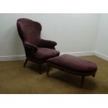 Victorian mahogany framed salon style armchair upholstered in a purple fabric,