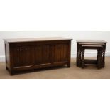 Oak three panel linenfold blanket box, hinged lid, stile supports (W113cm, H53cm,