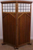 Arts & Crafts oak two panel screen, projecting cornice, egg and dart frieze,