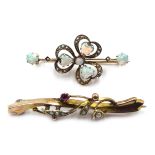 Edwardian opal and seed pearl bar clover leaf brooch,