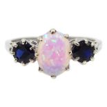 White gold opal and sapphire ring, hallmarked 9ct Condition Report Approx 2.