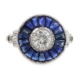 Platinum diamond and sapphire target ring, the central diamond approx 0.