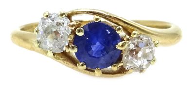 Three stone old cut diamond and sapphire ring stamped 18 Condition Report size M 3.