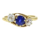 Three stone old cut diamond and sapphire ring stamped 18 Condition Report size M 3.