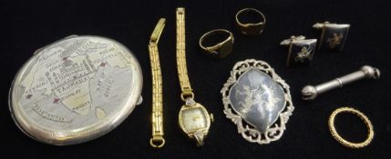 9ct gold signet ring, hallmarked, Siam silver brooch and cufflinks, gold stone set eternity ring,