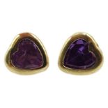 Pair of 9ct gold amethyst heart earrings,