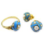 Gold turquoise enamel and pearl circular ring and pair of matching 15ct gold (tested) earrings