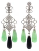 Pair of 18ct white gold jade, onyx and diamond chandelier earrings,