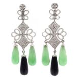 Pair of 18ct white gold jade, onyx and diamond chandelier earrings,