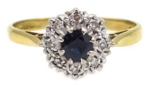 Sapphire and diamond cluster ring hallmarked 18ct Condition Report size O 3.