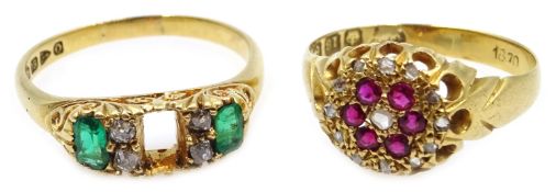 18ct gold ruby and diamond ring, hallmarked and an 18ct gold emerald and diamond ring,