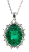 18ct white gold Zambian emerald and diamond cluster pendant necklace hallmarked, emerald approx 3.